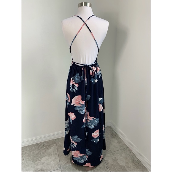 Navy Blue Floral Backless Lace Up Wrap Maxi Dress - Picture 10 of 11